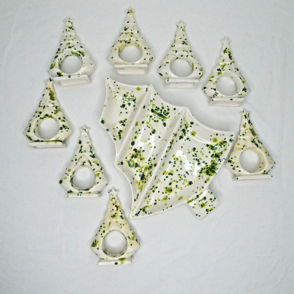 Set Speckled Christmas Tree Divided Tray and 8 Napkin Rings Ceramic ONE REPAIRED